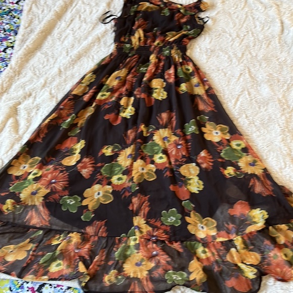 Blue Bird Floral Brown/Yellow Hem & Neckline Ruffle Waist Smocks Hig low Dress S - Picture 6 of 7